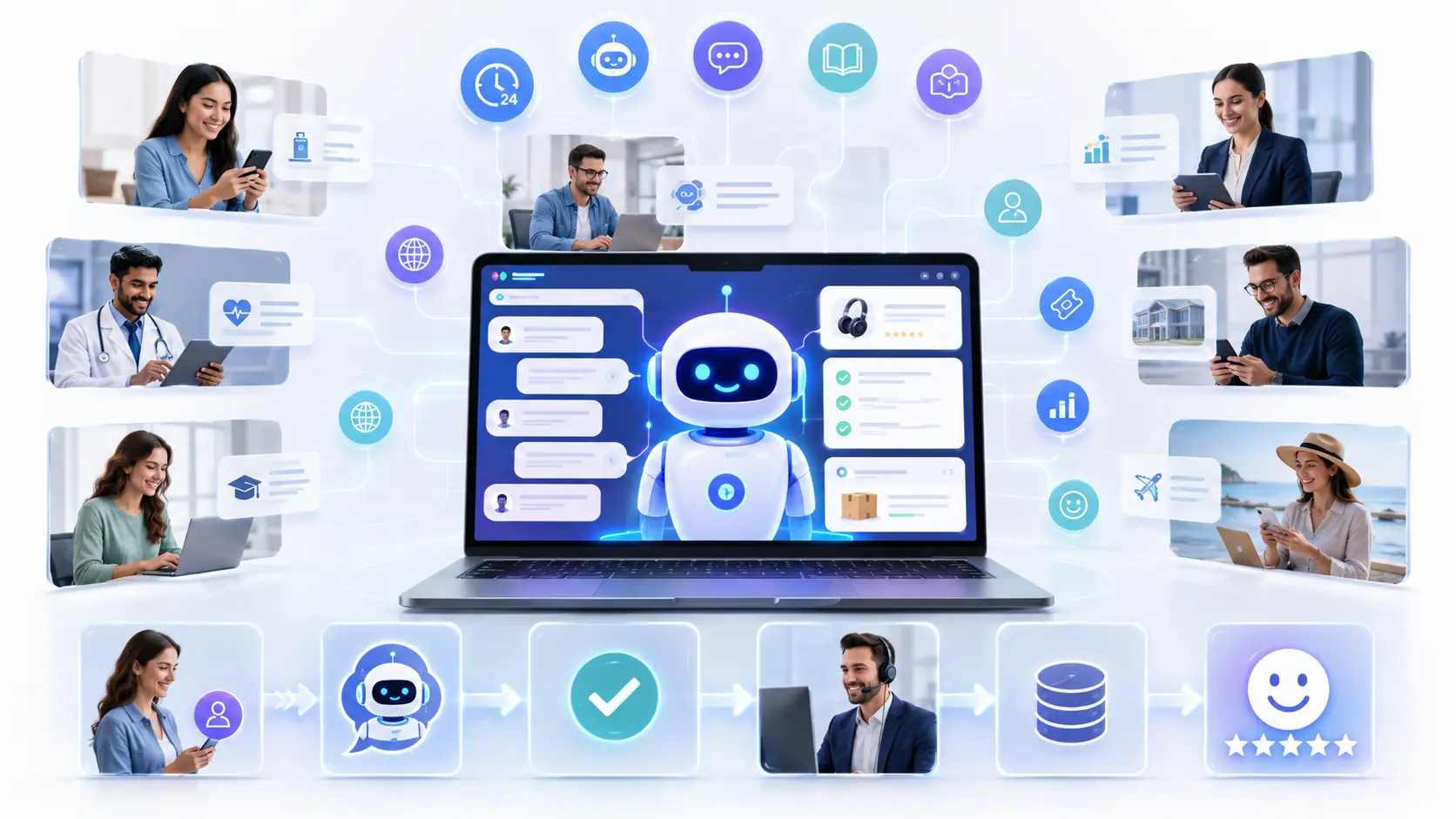 AI customer support chatbot providing 24/7 automated customer service, instant responses, live agent handoff, and CRM integration for businesses.
