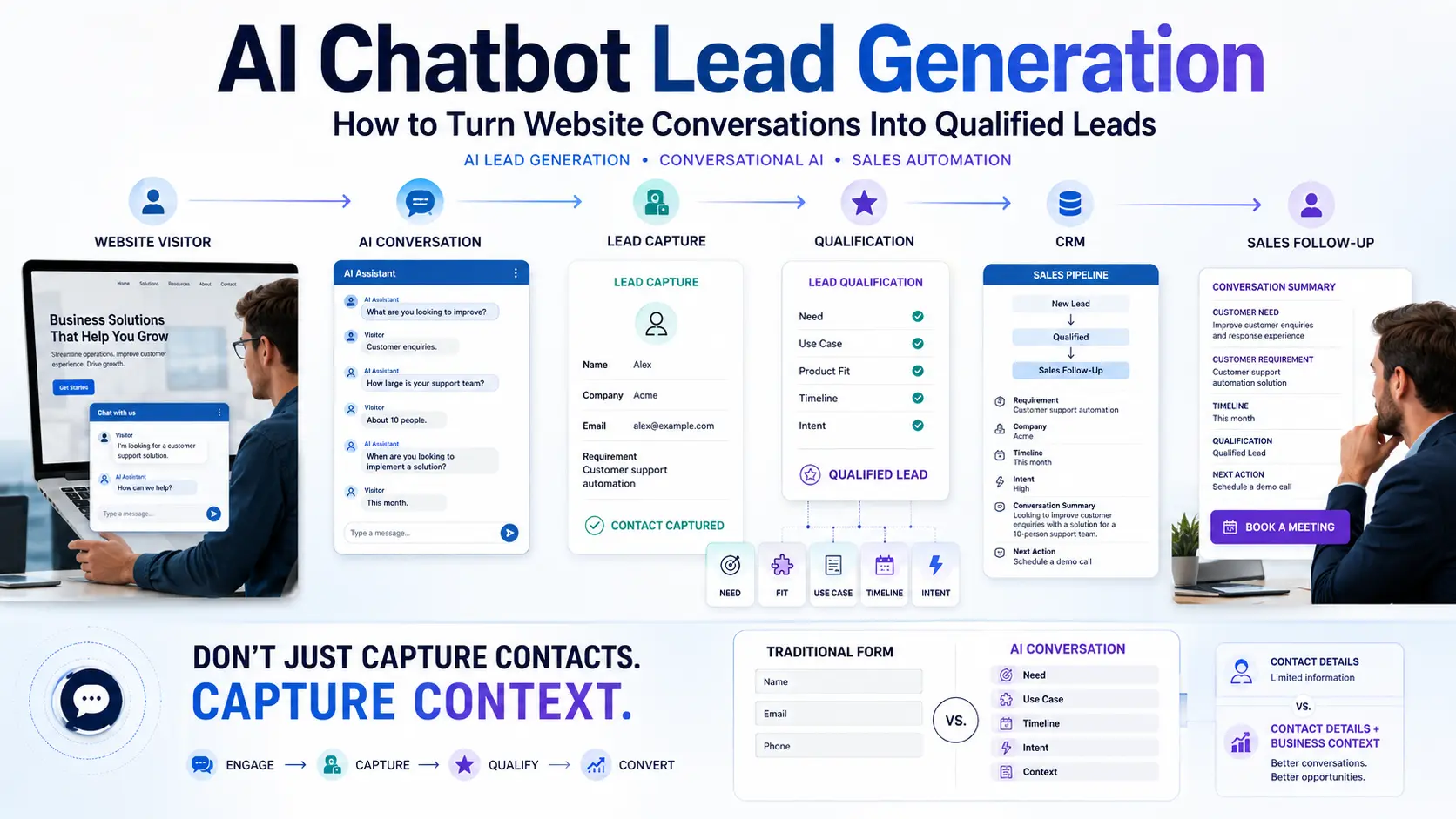 AI Chatbot Lead Generation AI lead generation pipeline showing a website visitor engaged in conversation, capturing lead details, qualifying intent, routing to CRM, and handing off to a sales representative