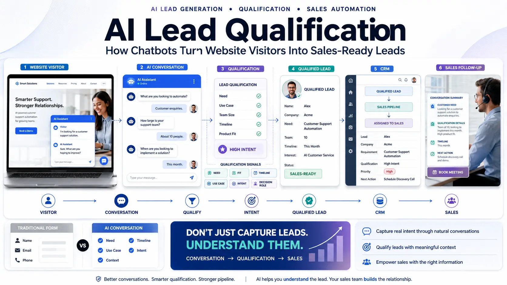 AI Lead Qualification Workflow Business workflow showing a website visitor having an AI conversation, answering qualification questions, and being routed as a qualified lead to CRM and sales