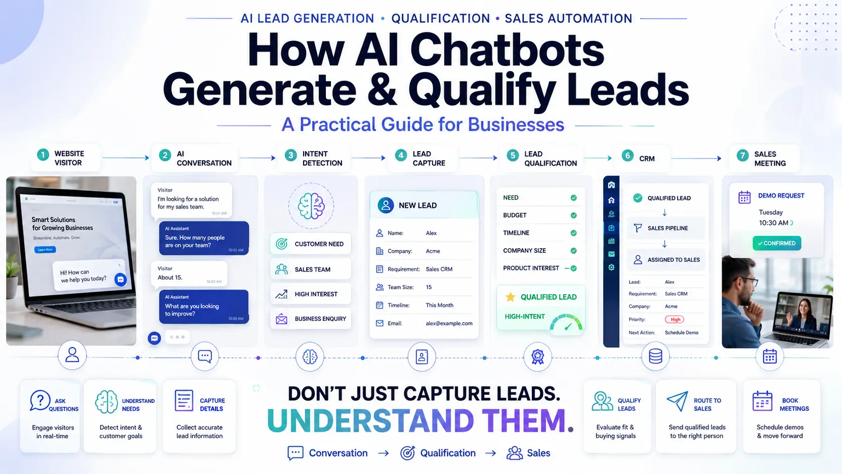 AI Chatbot Lead Generation Guide Complete AI lead generation pipeline showing visitor engagement, qualification, CRM integration, and sales meeting booking