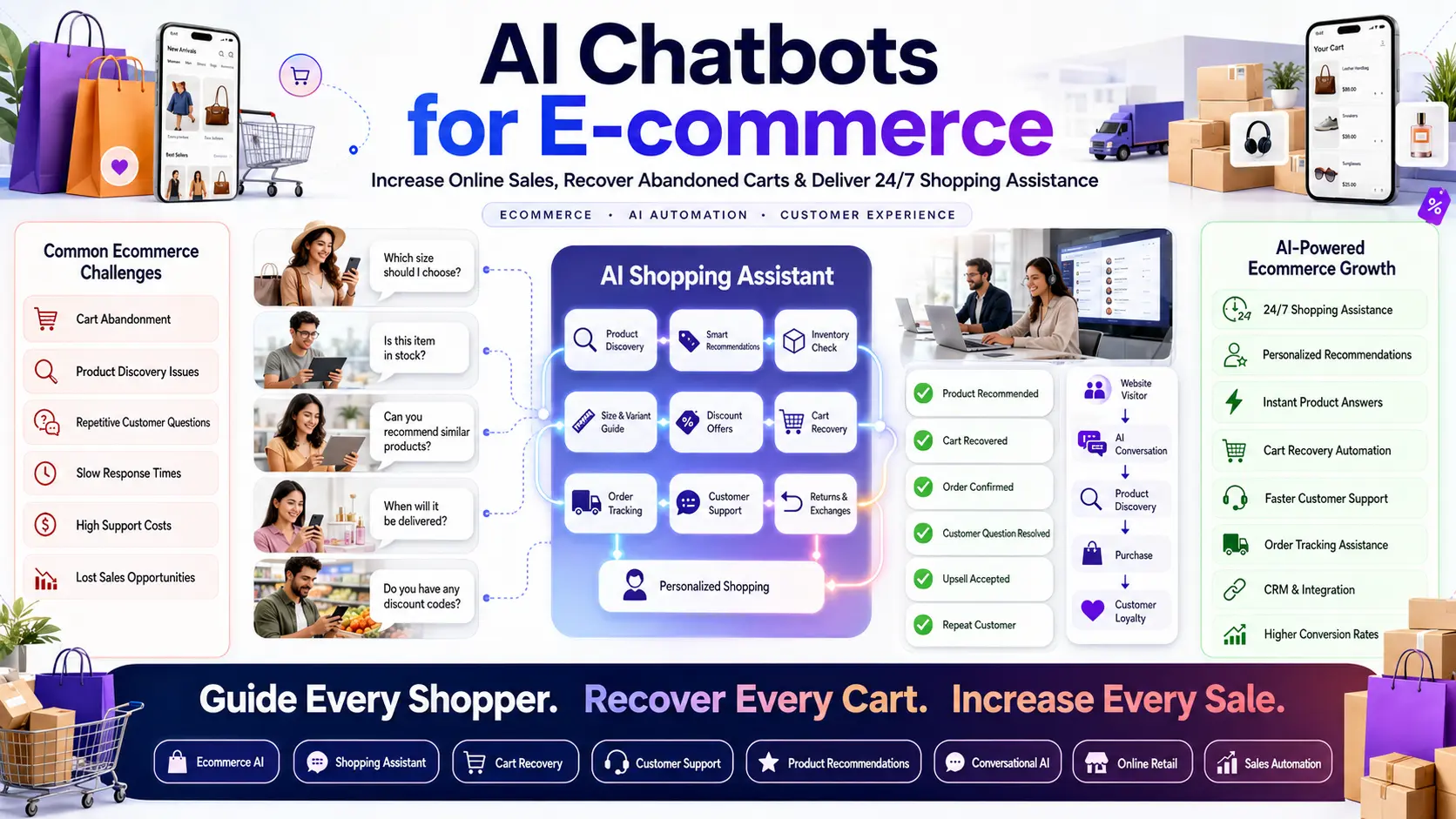 AI Chatbots for Ecommerce: Increase Sales & Support 24/7 AI chatbot for ecommerce helping online stores recover abandoned carts and increase sales