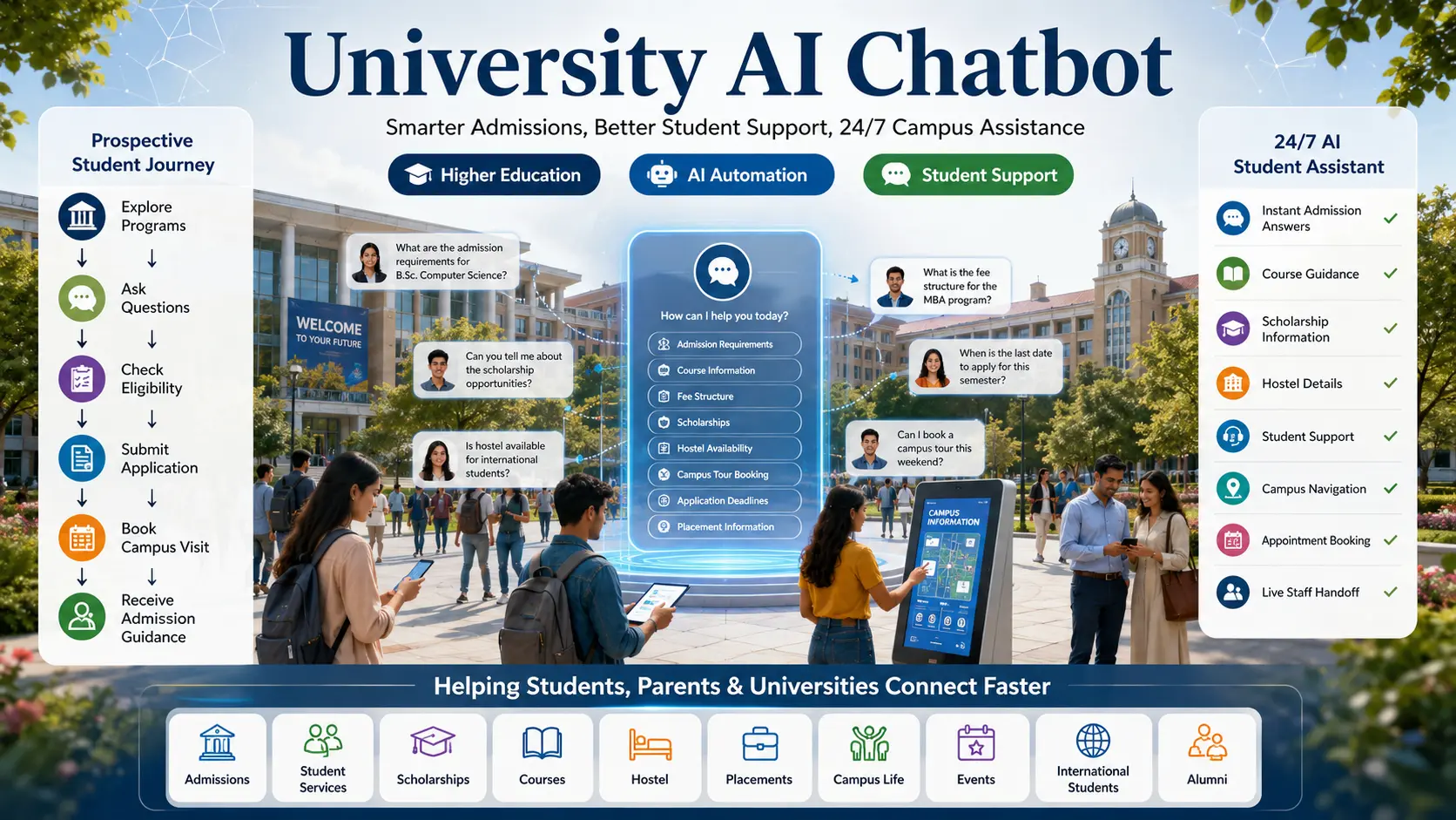University AI Chatbot: How Colleges Can Automate Admissions & Student Support University AI Chatbot helping colleges automate admissions, student support, and campus enquiries.